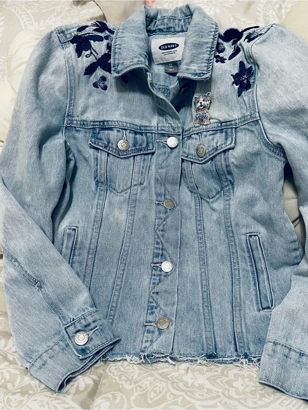 Old Navy Light Blue Child’s Denim Jacket with Navy Floral Embroidery and Dog Pin